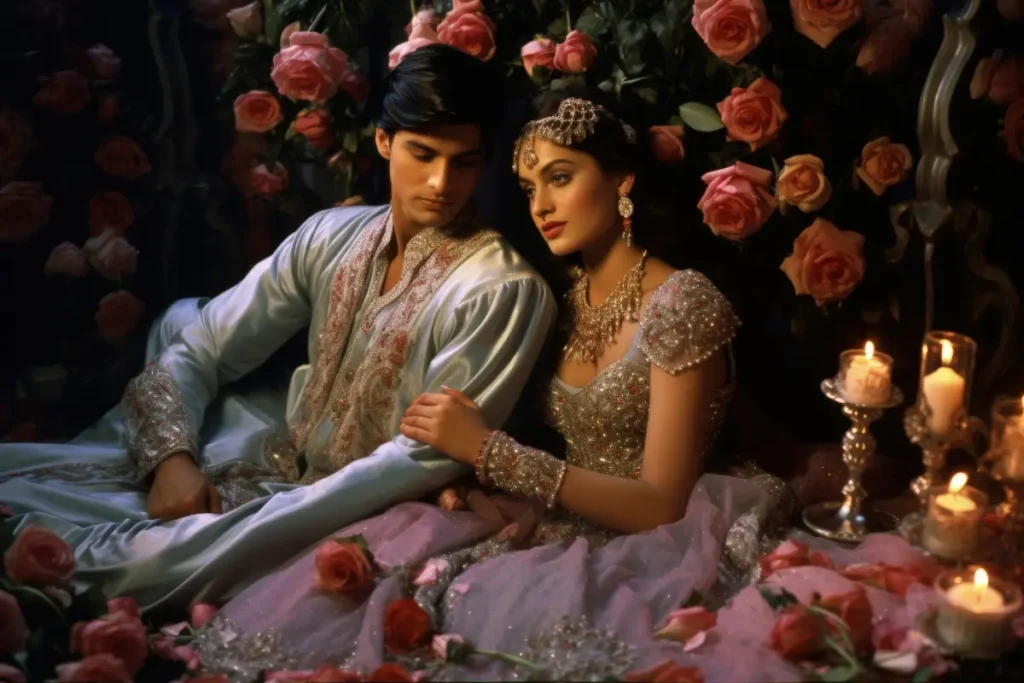 An Indian couple in traditional attire celebrating Karva Chauth, surrounded by roses and candles, depicting a romantic scene.