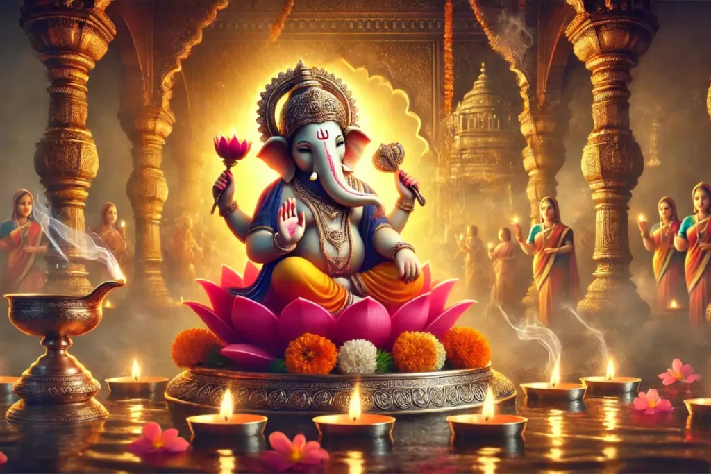 Shri Ganesh Aarti scene with Lord Ganesha seated on a lotus, surrounded by glowing lamps and marigold flowers, as devotees offer prayers in a temple filled with incense and divine light.