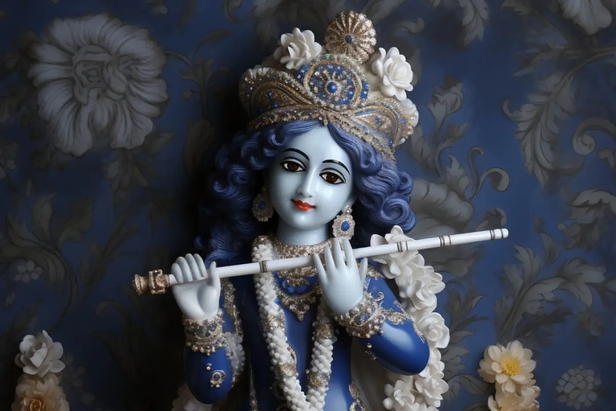 Detailed statue of Lord Krishna playing the flute against a floral backdrop.