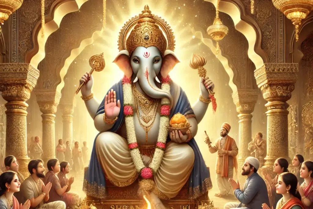 Illustration of Lord Ganesha seated in a grand temple with devotees praying.