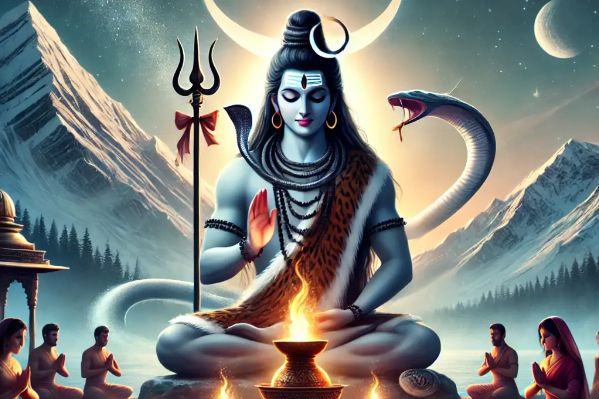 Digital artwork of Lord Shiva meditating by a lake in the Himalayas.