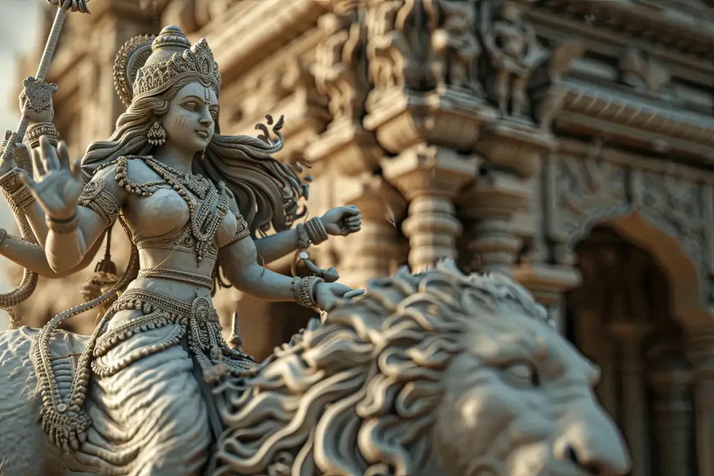 Statue of Goddess Durga riding her lion, depicted in intricate detail, showcasing her multiple arms holding weapons.