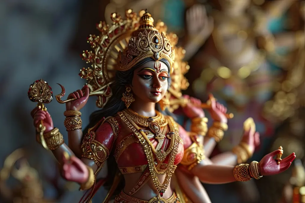 Exquisite statue of Goddess Durga in full regalia, holding weapons and a lotus, symbolizing divine power and protection.