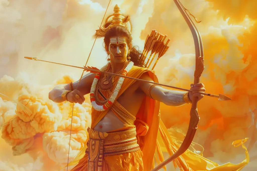 Artistic depiction of Surya Dev, the Hindu Sun God, wielding a bow and arrow against a fiery sky.