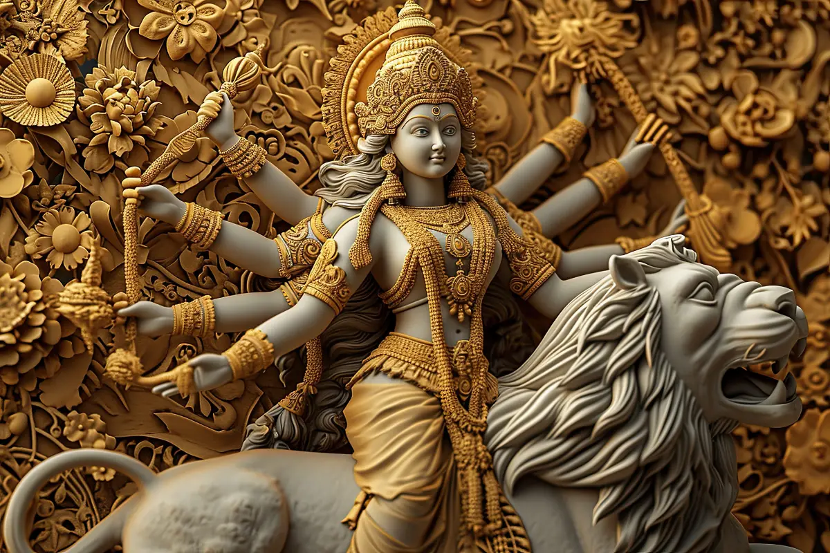 Statue of Goddess Durga riding a lion, depicted with multiple arms holding weapons, surrounded by intricate floral patterns.