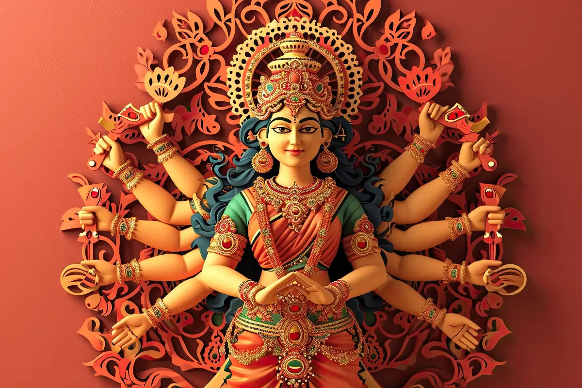 Illustration of Goddess Durga in a traditional multi-armed pose, adorned with regal attire and jewelry, set against an ornate floral background.