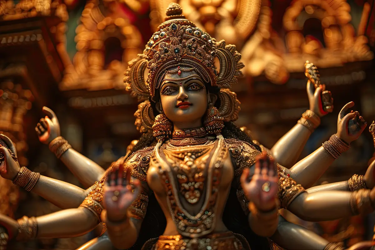 Navratri 2024 - Intricately detailed statue of Goddess Durga in a Hindu temple, depicted with eight arms, each holding symbolic weapons, adorned with ornate jewelry and a complex crown, against a backdrop of other detailed statues.