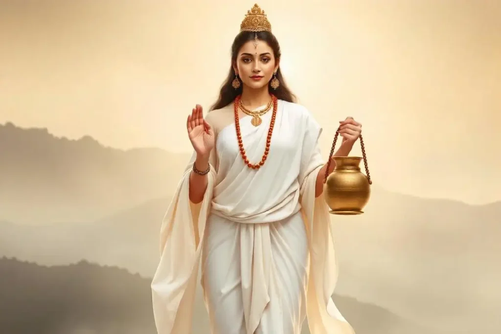 Illustration of Goddess Brahmacharini, a manifestation of Goddess Durga, holding a water pot (kamandal) in one hand while raising the other in a blessing gesture. She is dressed in white, symbolizing simplicity and devotion, with a serene mountainous background.