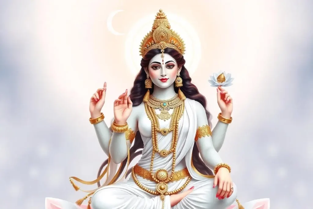 Illustration of Goddess Chandraghanta, a form of Goddess Durga, seated in a meditative posture, wearing a half-moon shaped crown. She is holding a lotus in one hand, with a calm and divine expression. The background features soft clouds and a crescent moon symbolizing her cosmic connection.