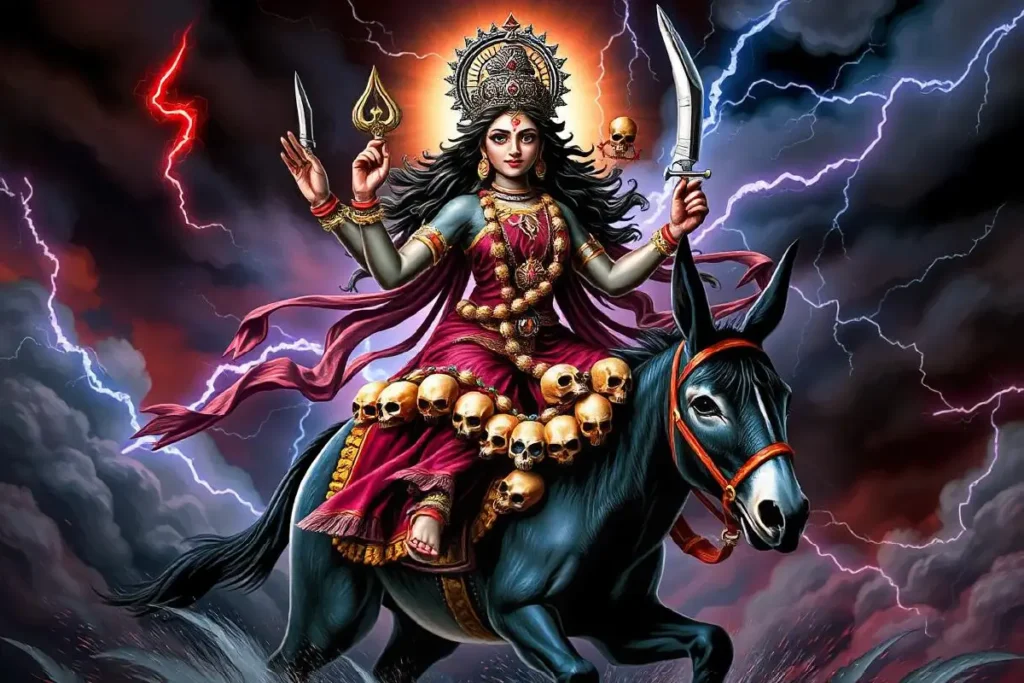 Illustration of Goddess Kalaratri, a fierce form of Goddess Durga, riding a dark donkey. She is depicted holding a sword and a trident, adorned with a garland of skulls, with lightning and storm clouds in the background symbolizing her fearsome power.