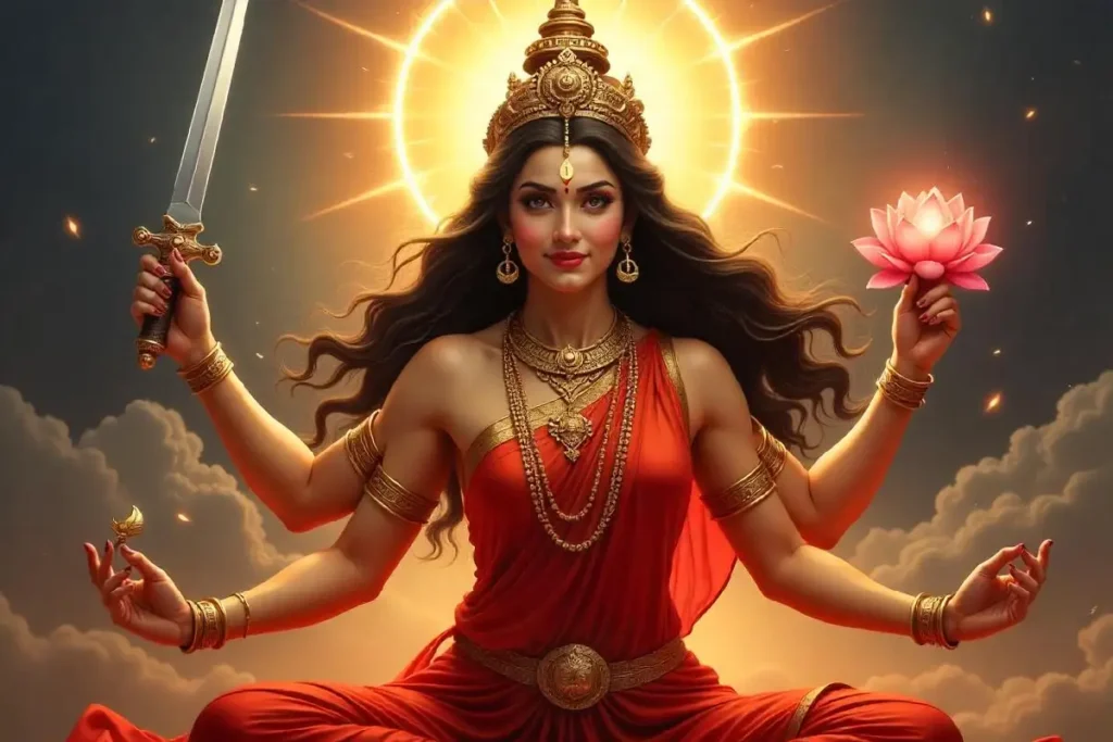 Illustration of Goddess Katyayani, a form of Goddess Durga, holding a sword in one hand and a lotus flower in the other. She is adorned in red attire with a radiant halo behind her head, symbolizing power and divinity, with a dramatic sky in the background.