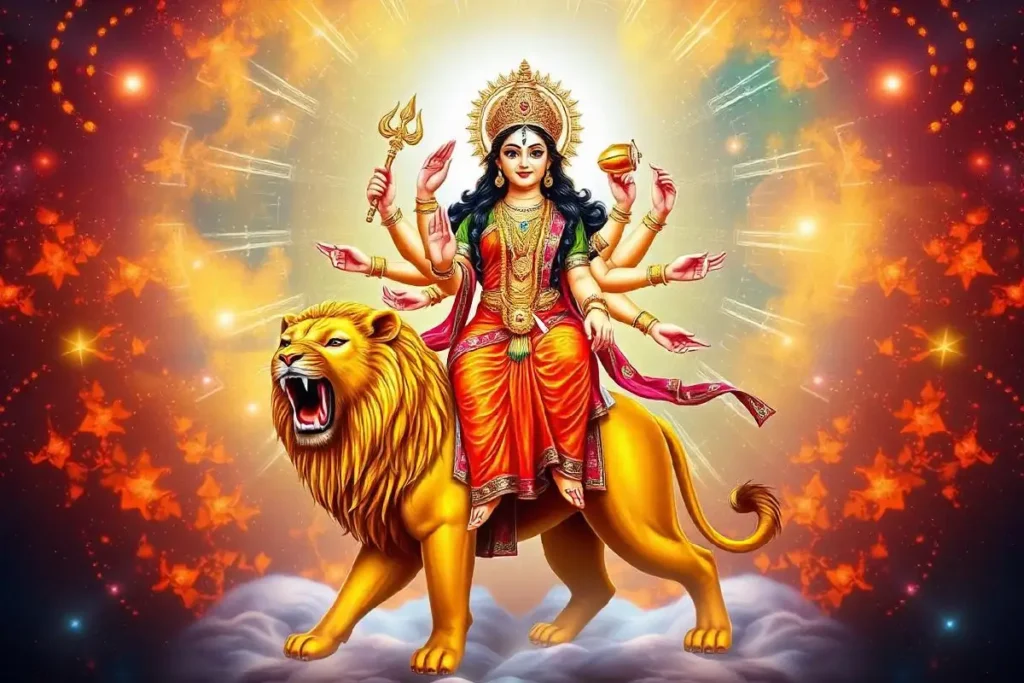 Illustration of Goddess Kushmanda, a form of Goddess Durga, seated on a lion with eight arms holding various divine weapons and symbols. She radiates light, symbolizing her creation of the universe, with a vibrant cosmic background filled with stars and energy.