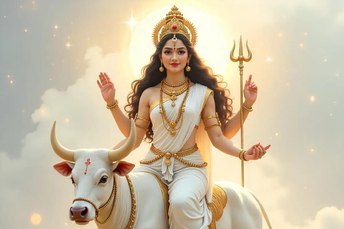 Illustration of Goddess Mahagauri, a form of Goddess Durga, seated on a white bull. She is adorned in white attire, holding a trident in one hand and giving blessings with the other, with a serene glow and a radiant halo in the background.