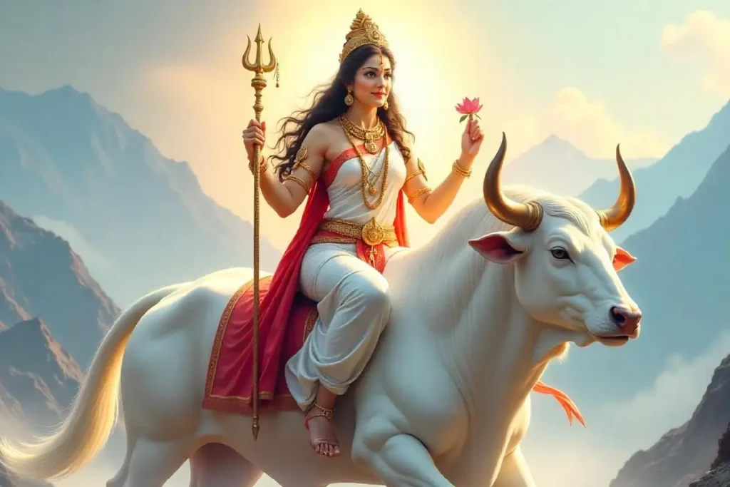 Illustration of Goddess Shailputri, a form of Goddess Durga, riding a sacred bull named Nandi. The goddess is depicted holding a lotus flower in one hand and a trident in the other, adorned in traditional attire with serene mountains in the background.