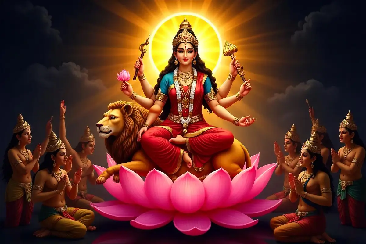 Illustration of Goddess Siddhidatri, a form of Goddess Durga, seated on a lion atop a blooming pink lotus. She has multiple arms holding divine weapons and a lotus, radiating divine energy, surrounded by worshippers offering prayers.