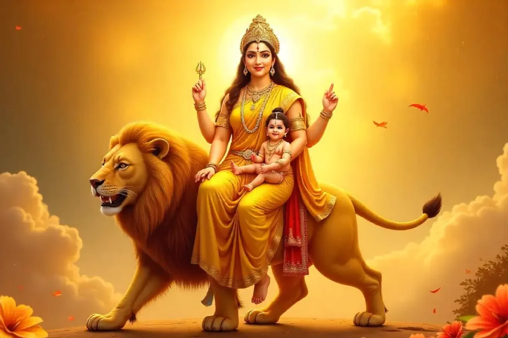 Illustration of Goddess Skandamata, a form of Goddess Durga, seated on a lion with her child, Lord Skanda, in her lap. She is adorned in golden attire, holding a trident and blessing with her hand, radiating motherly love and protection with a golden aura in the background.