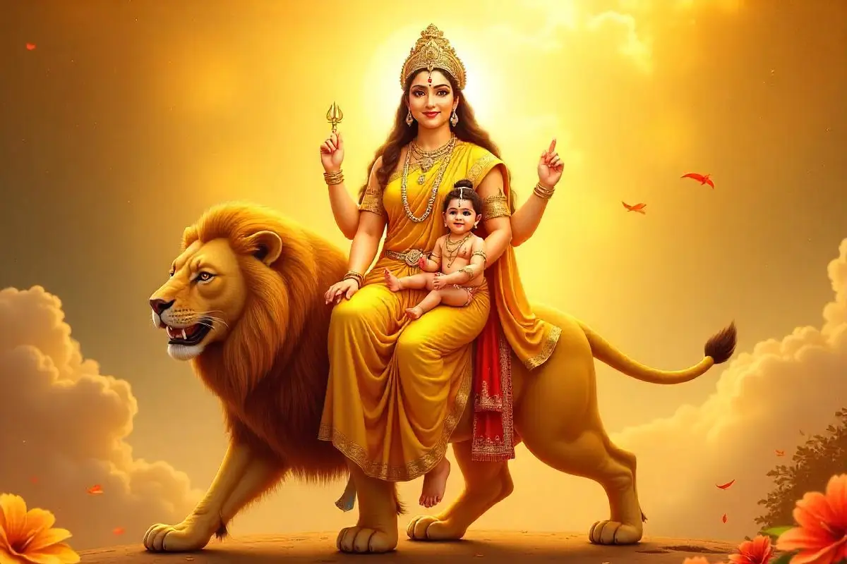 Illustration of Goddess Skandamata, a form of Goddess Durga, seated on a lion with her child, Lord Skanda, in her lap. She is adorned in golden attire, holding a trident and blessing with her hand, radiating motherly love and protection with a golden aura in the background.