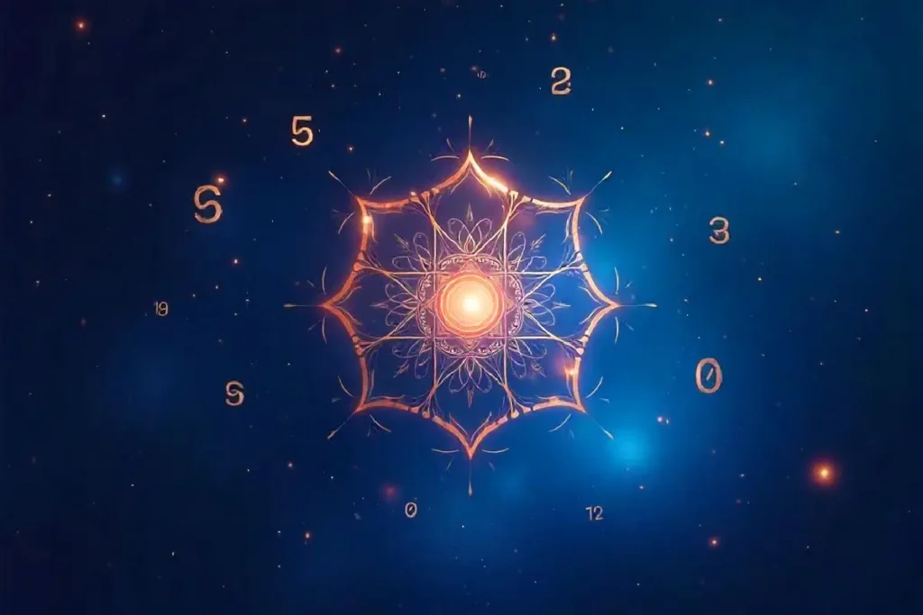 Numerology-themed mystical design with glowing geometric mandala at the center, surrounded by floating numbers, set against a deep blue, cosmic background.