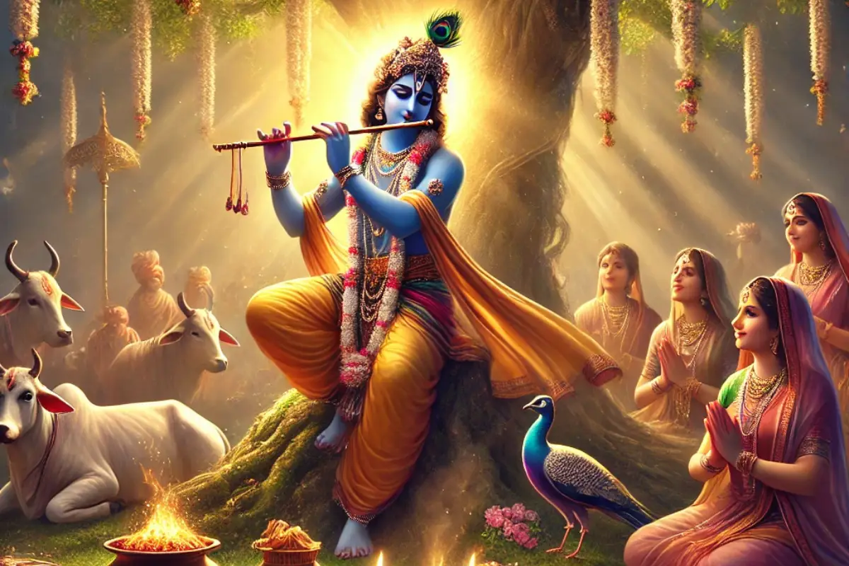 Realistic banner image of Lord Krishna playing the flute under a sacred tree, surrounded by devotees offering prayers and performing aarti with lit diyas. The scene includes natural elements like peacocks, cows, and flowers, illuminated by a warm, golden glow.