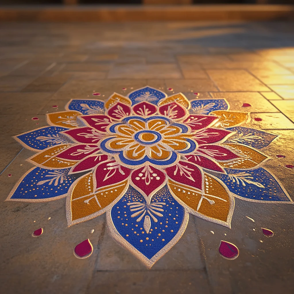 3D Rangoli design in vibrant colors on a tile surface, showcasing intricate floral patterns.