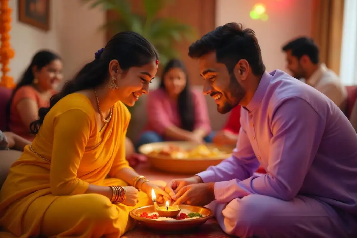 A sister applying a ceremonial tilak on her brother’s forehead during Bhai Dooj celebration, symbolizing love and protection.