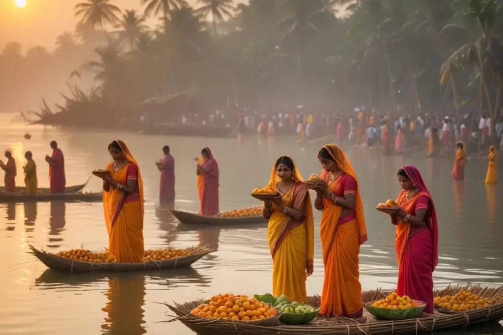 omen offering fruits to the Sun God on boats during Chhath Puja, with a serene river backdrop and coconut trees.