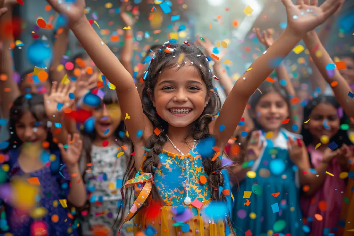 Excited children celebrating with colorful confetti during a festive event