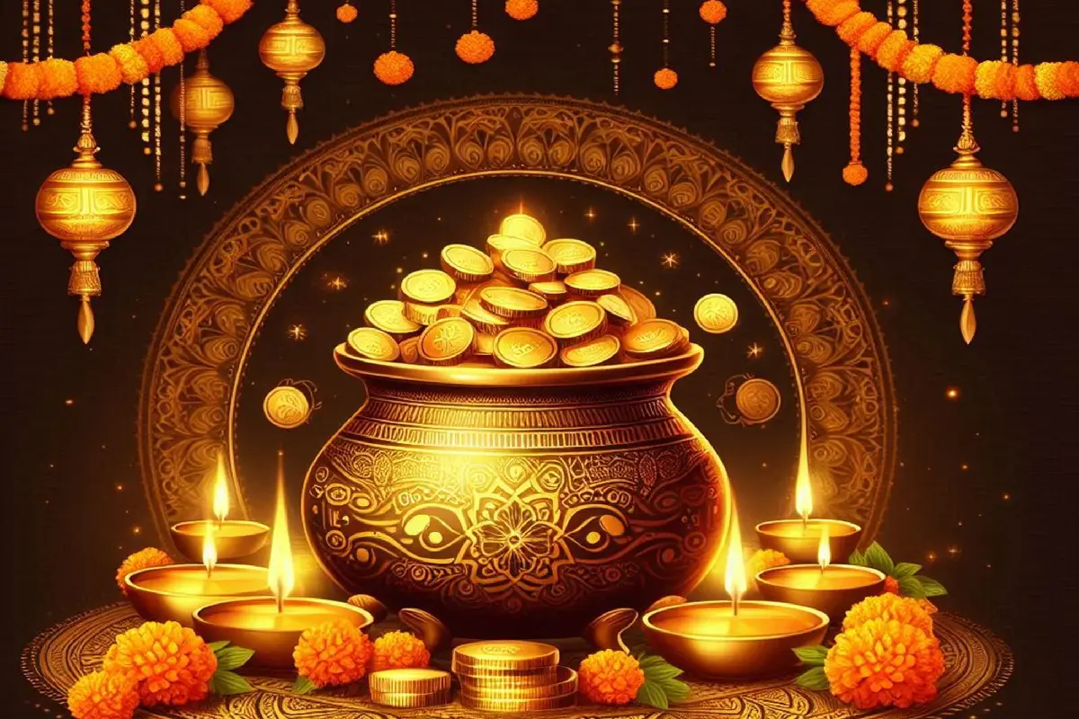 Dhanteras celebration with a golden pot filled with coins, oil lamps, and marigold flowers.