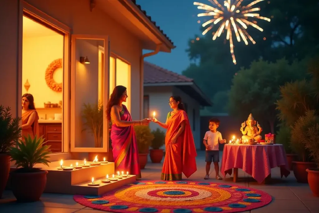 A family celebrating Diwali with rangoli, diyas, and fireworks lighting up the night sky, symbolizing joy and prosperity.