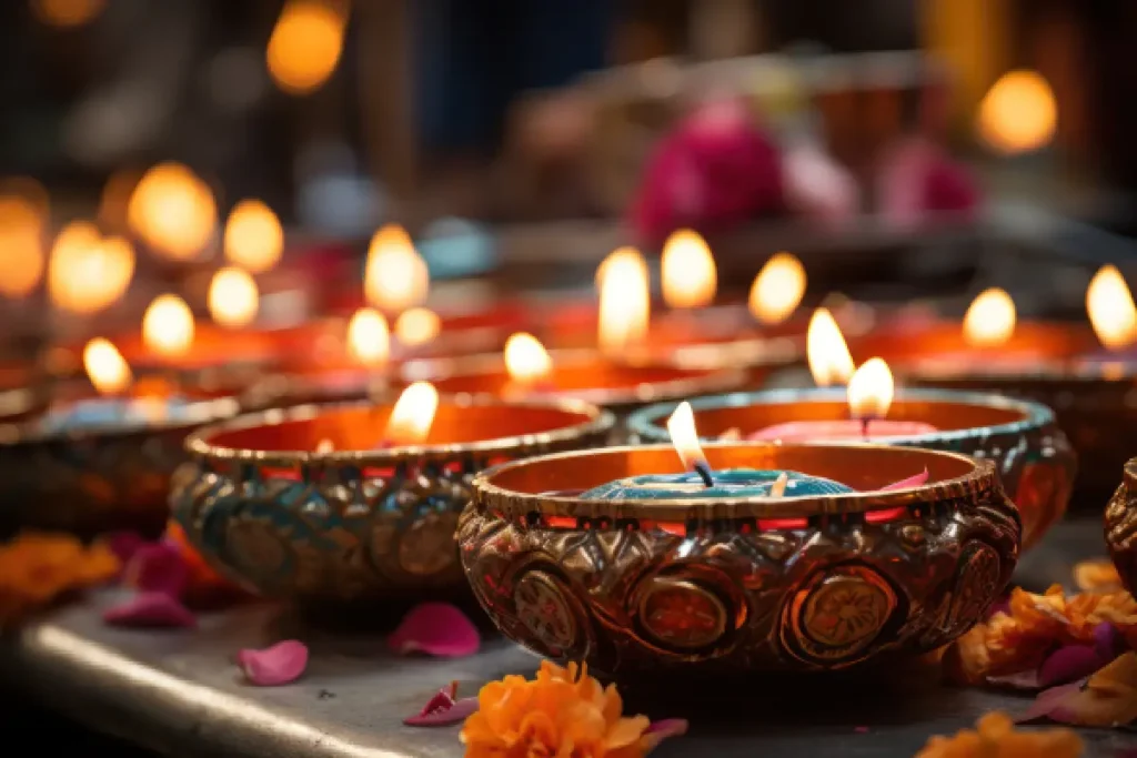 Traditional Diwali diyas with intricate designs and glowing flames.