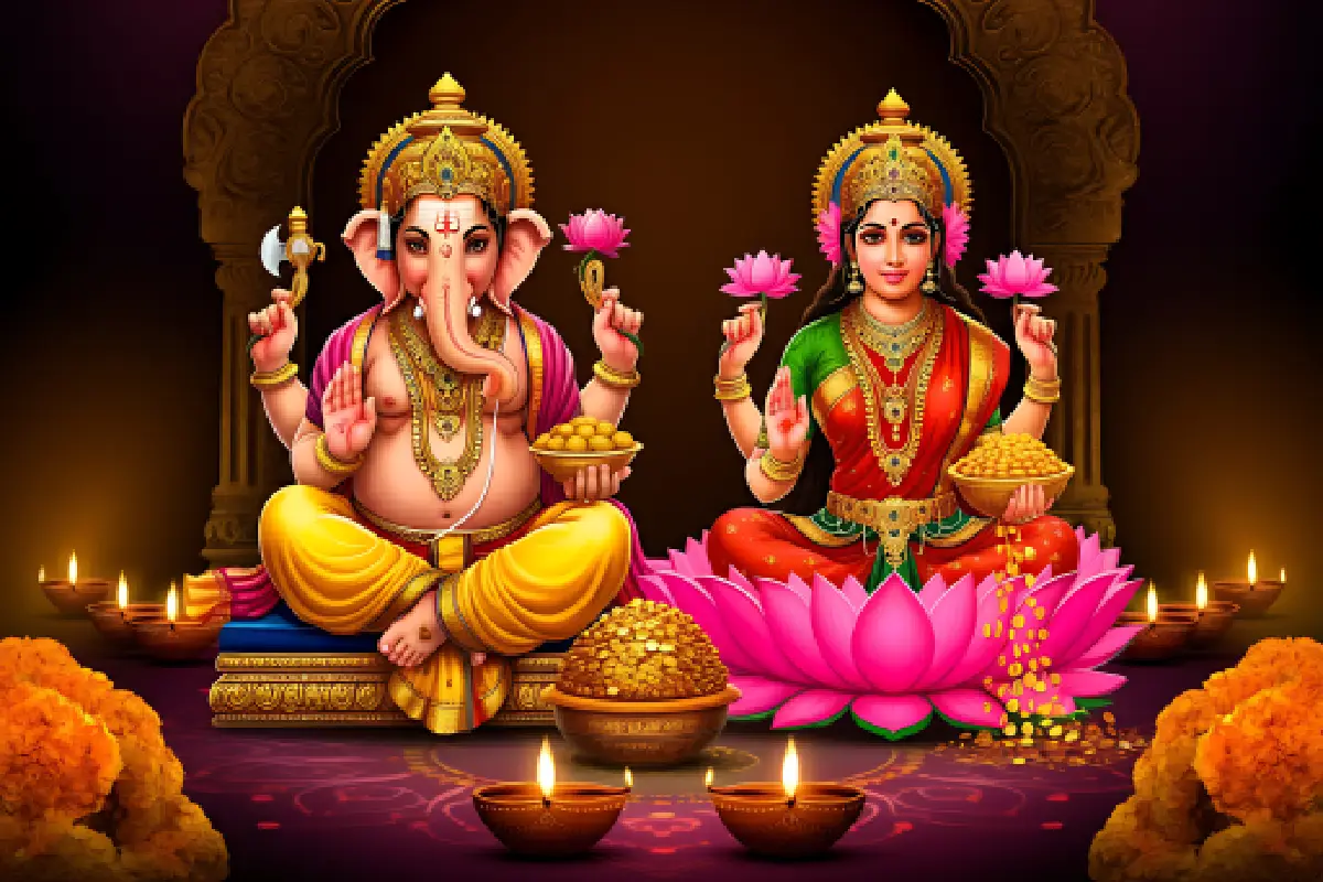 Illustration of Lord Ganesha and Goddess Lakshmi seated on lotus flowers during Diwali.