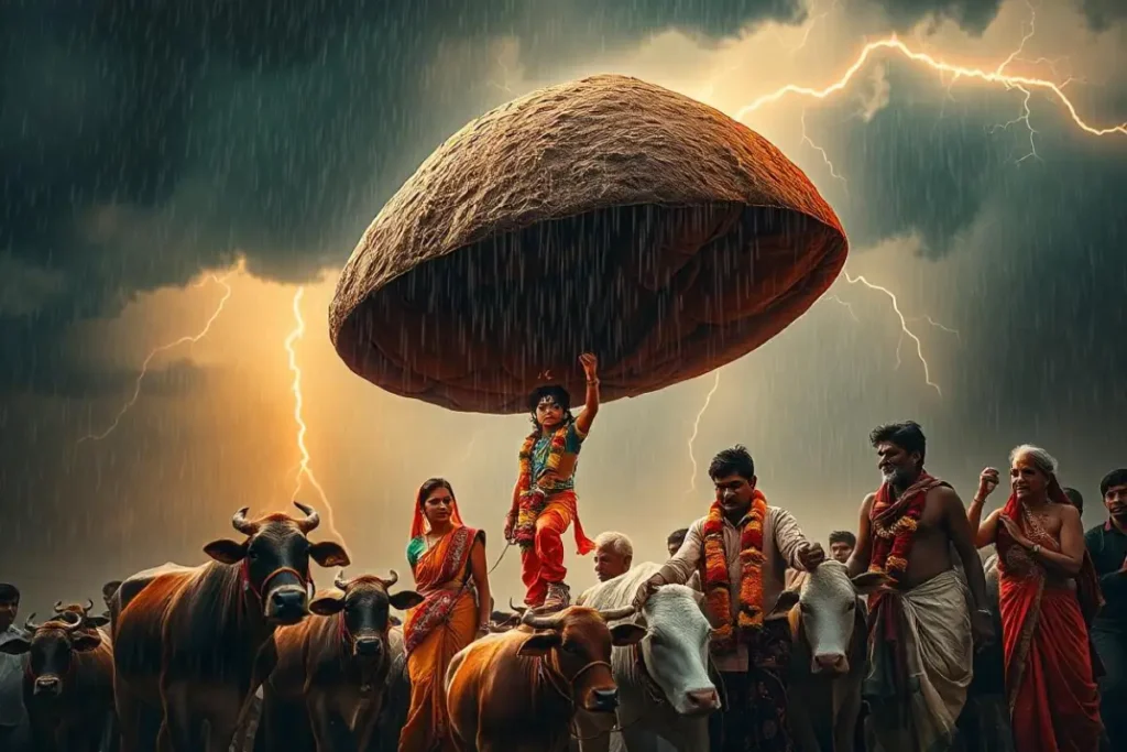 Lord Krishna lifting the massive Govardhan Hill with one hand, protecting villagers and animals from Indra’s storm during Govardhan Puja.