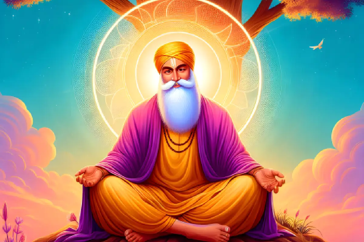 Guru Nanak in a meditative pose, radiating spiritual energy with a glowing halo