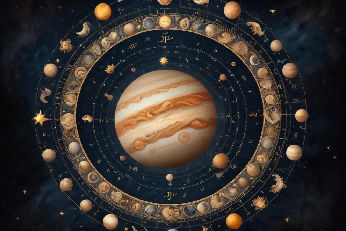 Jupiter at the center of the zodiac wheel surrounded by celestial symbols