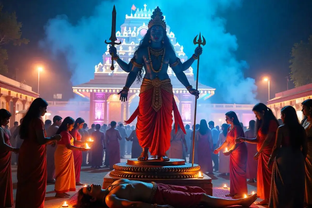 Goddess Kali’s towering statue during Kali Puja, surrounded by devotees offering prayers and lighting diyas.