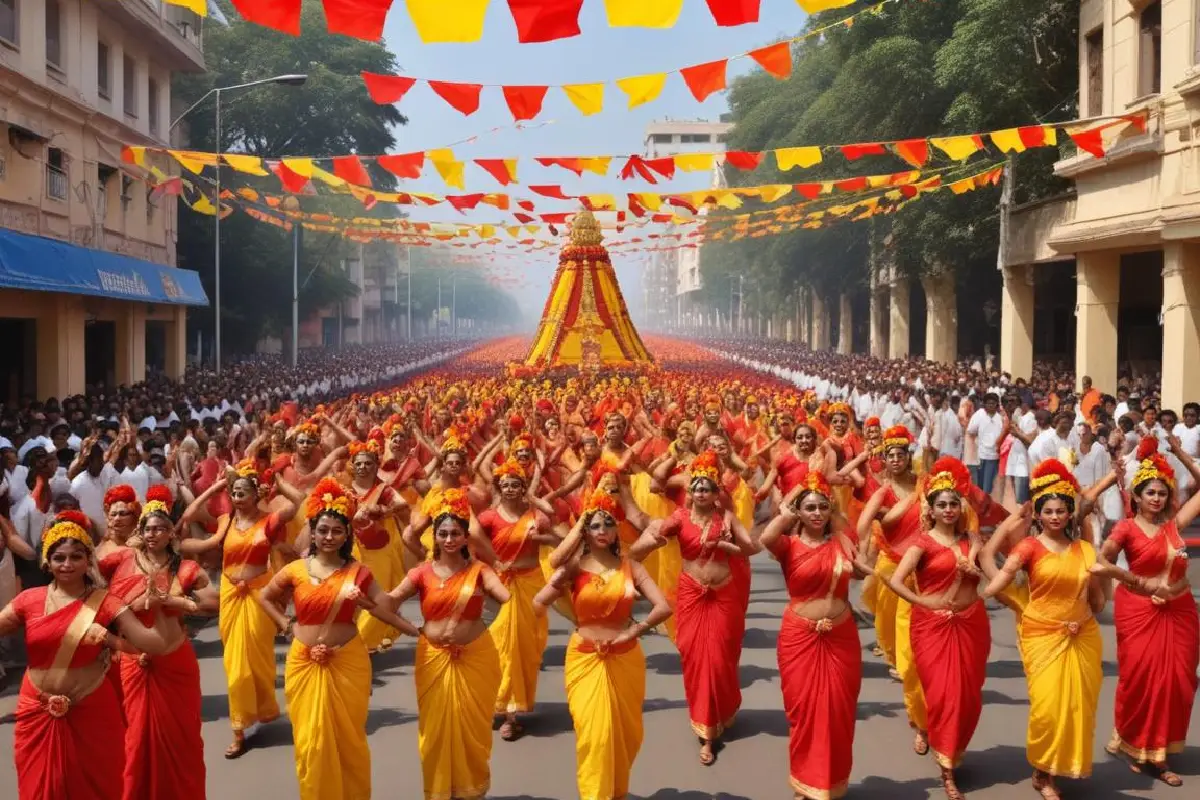 Grand Karnataka Rajyotsava parade with dancers in red and yellow sarees, celebrating under festive flags in the street.