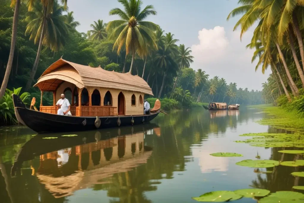 Traditional houseboat gliding on Kerala backwaters surrounded by lush coconut trees during Kerala Piravi celebrations.