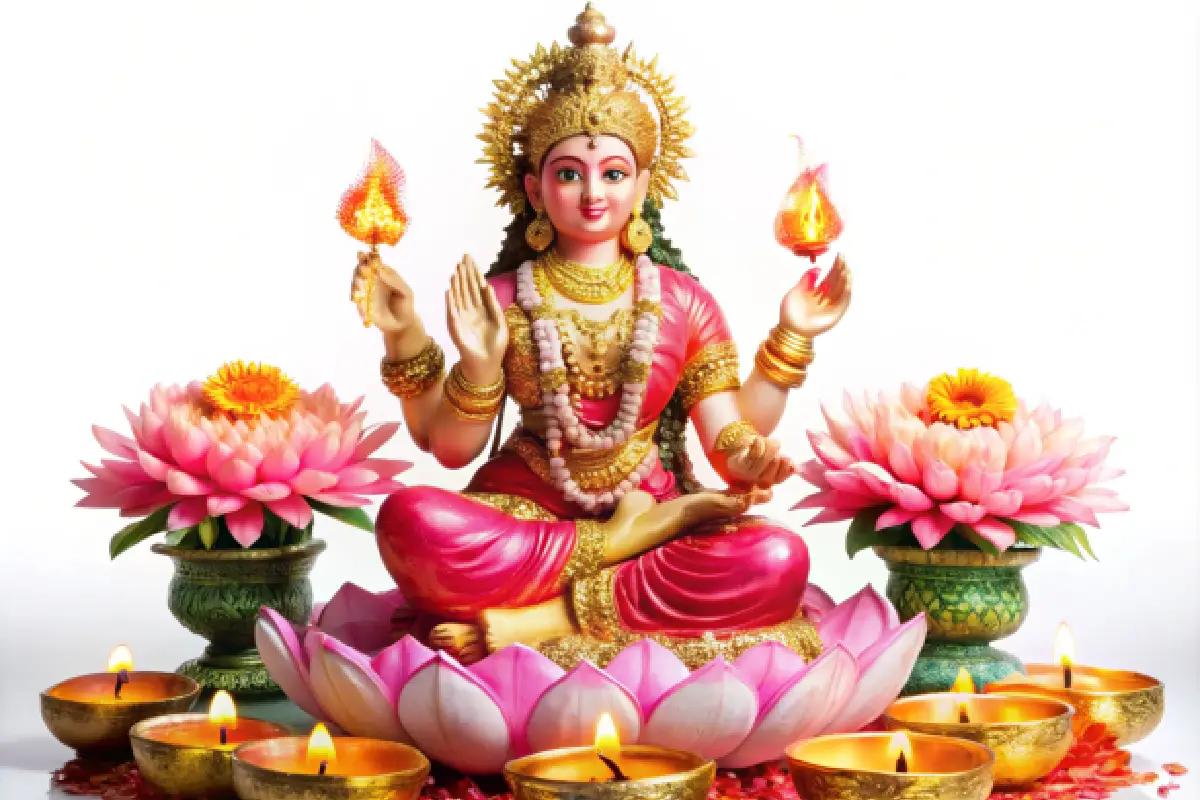 A statue of Goddess Lakshmi seated on a lotus with glowing oil lamps