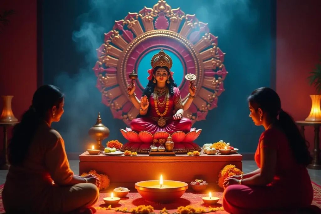 A serene Lakshmi Puja with an idol of Goddess Lakshmi seated on a lotus, surrounded by diyas, flowers, and offerings.