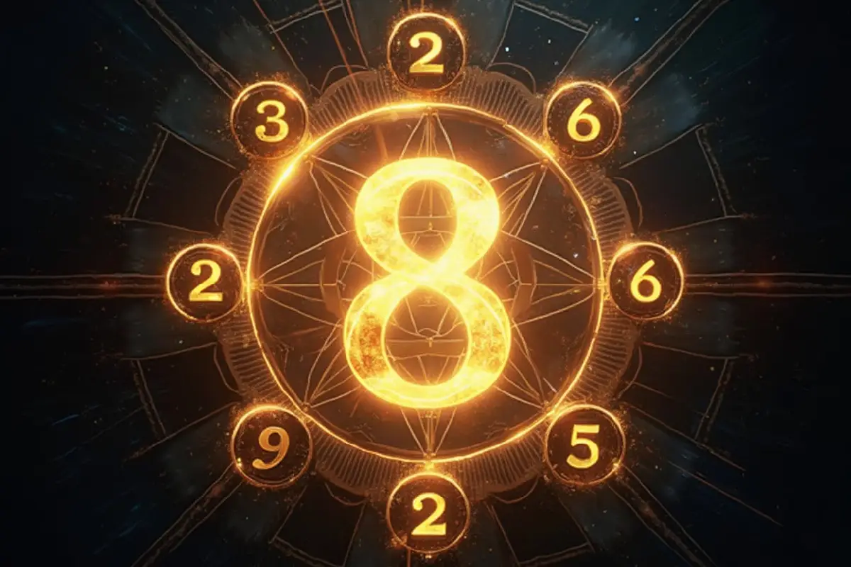 Illuminated Life Path Number 8 surrounded by symmetrical patterns