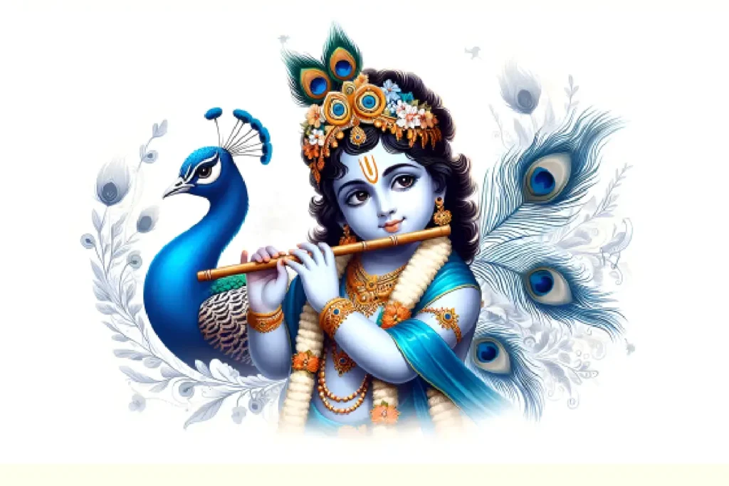 Lord Krishna playing his flute with a peacock by his side