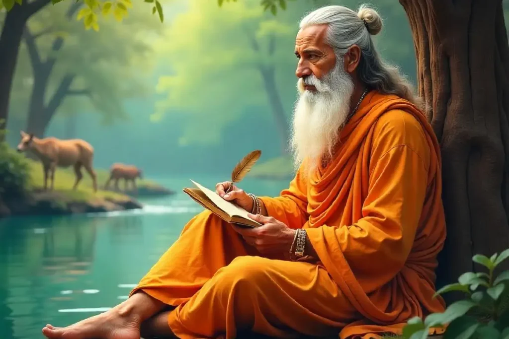 Maharishi Valmiki sitting by a serene river, writing with a quill in a forest setting.