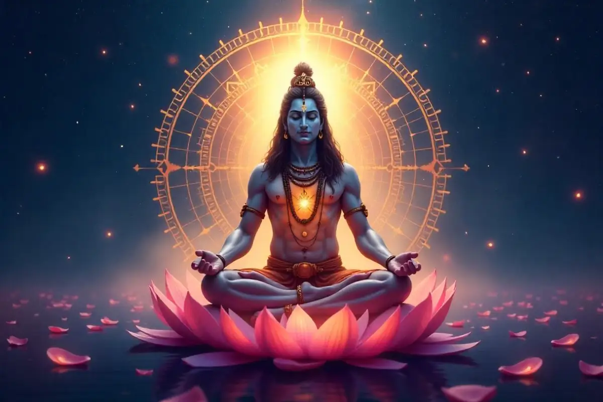 A serene depiction of Lord Shiva meditating on a blooming lotus, surrounded by glowing sacred geometry and cosmic energy, representing the Mahamrityunjaya Mantra.