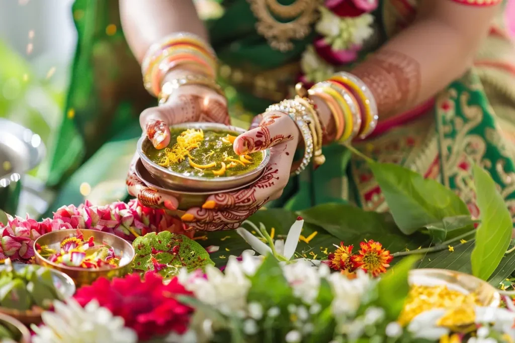 A woman performing Tulsi Vivah rituals, holding a sacred offering in her hands adorned with henna and traditional jewelry, with decorated flowers and leaves in the background.