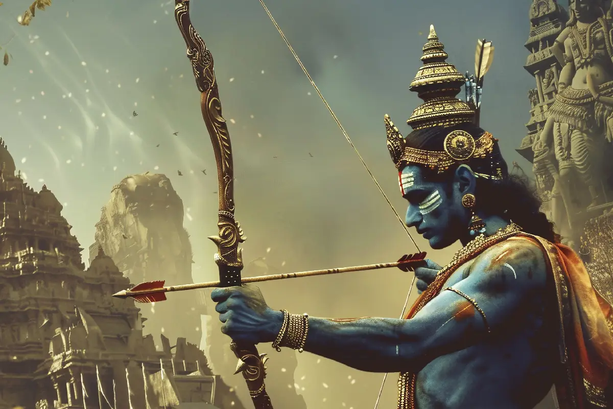 Lord Ram with a bow and arrow, ready to defeat Ravana during Dussehra.