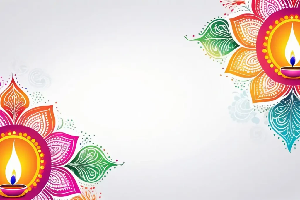 Colorful Rangoli design with oil lamps (diyas) on a white background, representing the festive celebration of Diwali.