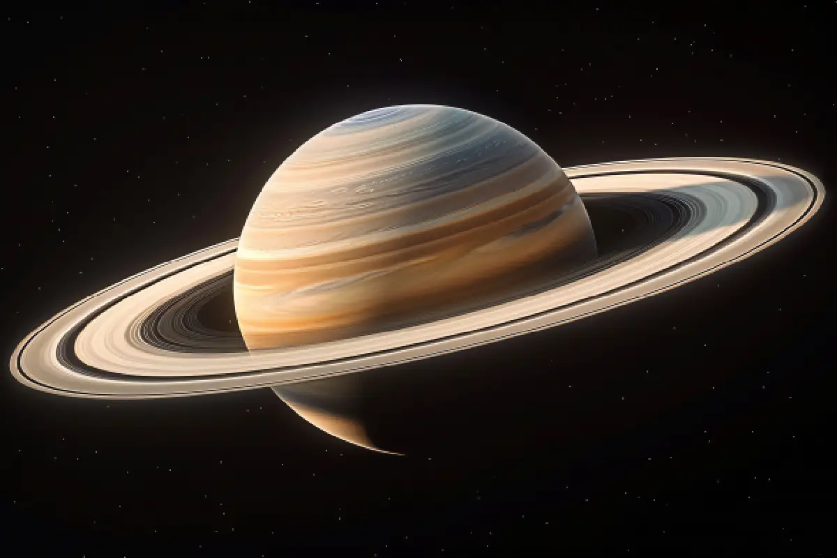 Saturn with its iconic rings in a cosmic backdrop.