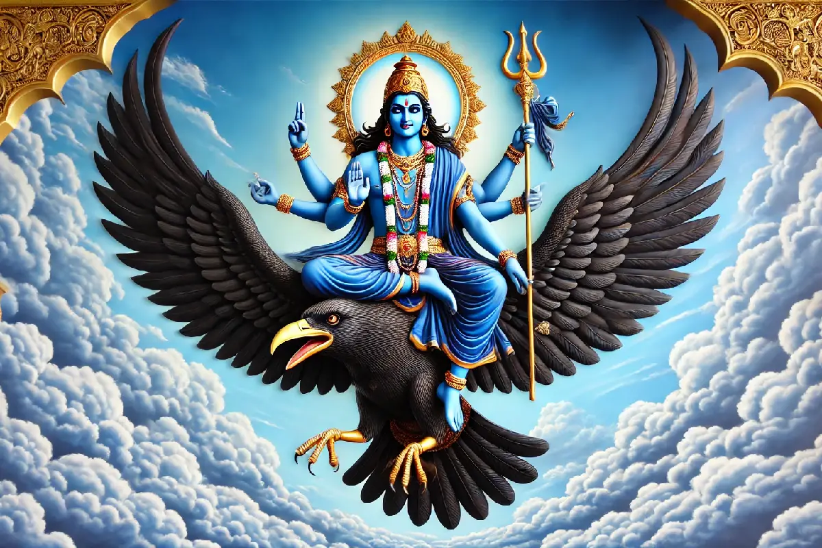 Shani Dev riding his vahana crow, holding a trident.