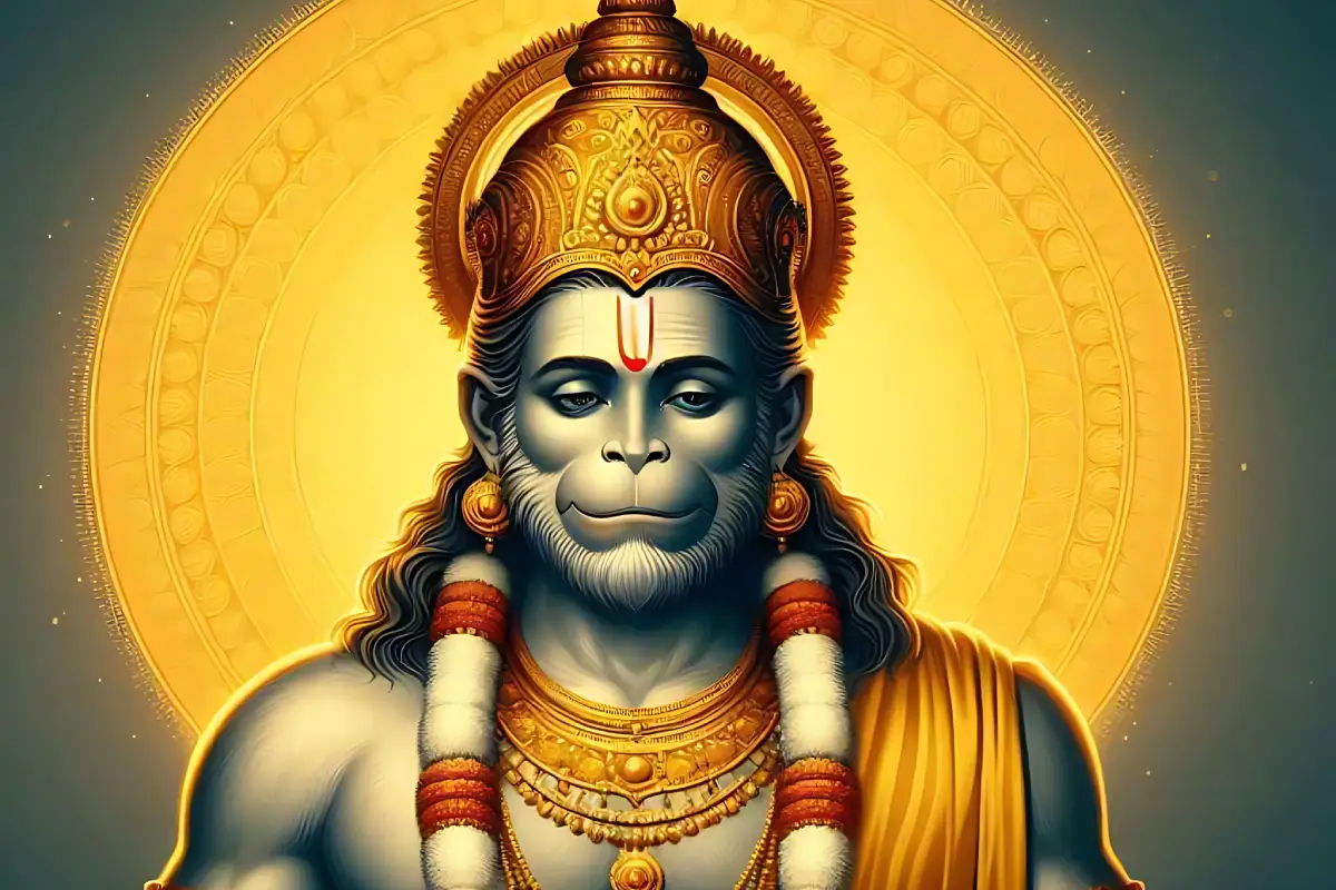 Shri Hanuman Ji with golden halo and ornaments, radiating divine energy.