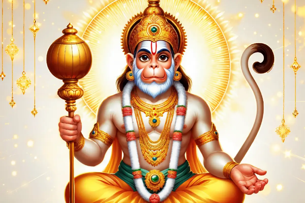 Shri Pavanasuta Hanuman sitting with mace, adorned with sacred ornaments and a divine aura